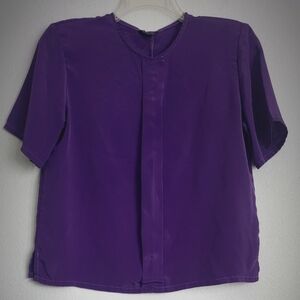Tan Jay Hidden Button Down Short Sleeve Shoulder Pads Purple Women's Top Sz ?